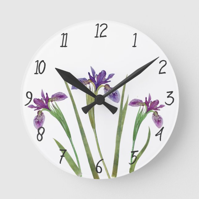 Elegant Purple Watercolor Iris Flowers Botanical Round Clock (Front)