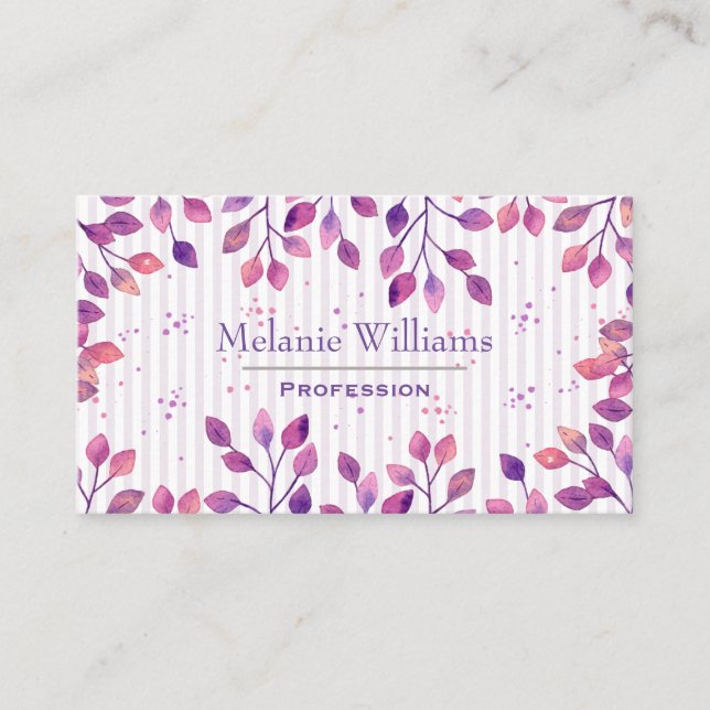 Elegant Purple Watercolor Leaves and Stripes Business Card (Front)