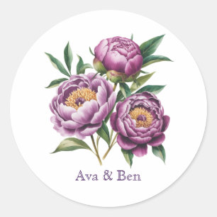 Elegant Purple Watercolor Peony Floral Wedding Classic Round Sticker