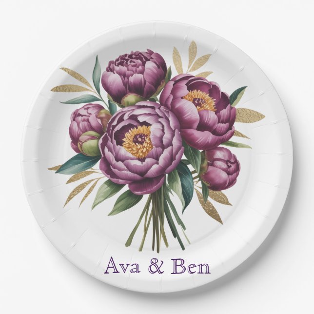 Elegant Purple Watercolor Peony Floral Wedding Paper Plate (Front)