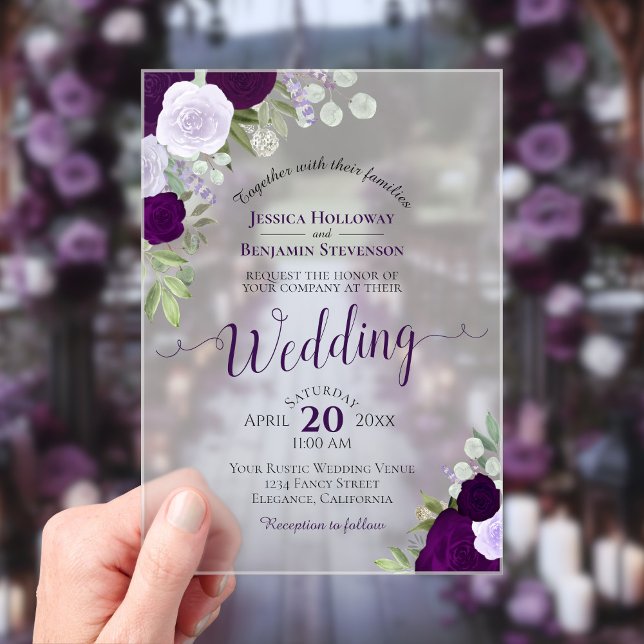 Elegant Purple Watercolor Roses Boho Wedding Acrylic Invitations (Creator Uploaded)