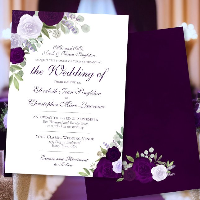 Elegant Purple Watercolor Roses Formal Wedding Invitation (Front/Back)