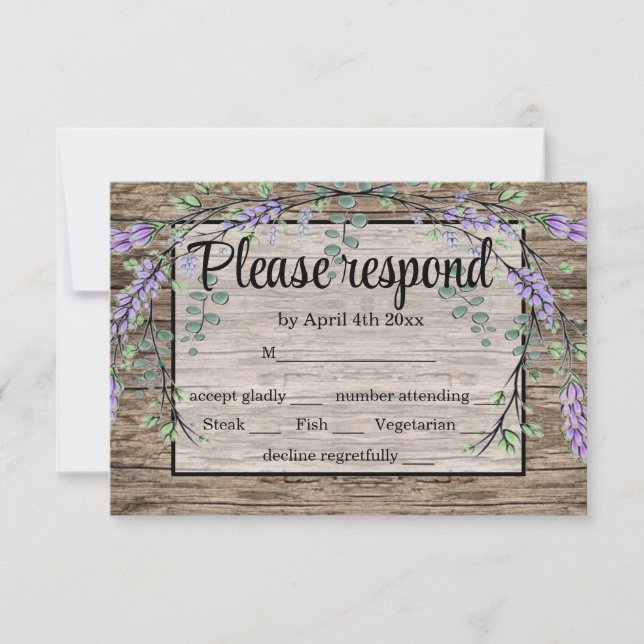 Elegant purple watercolor rustic lavender wedding  RSVP card (Front)