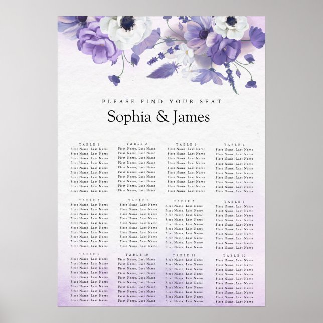 Elegant Purple Watercolor wedding seating chart  (Front)