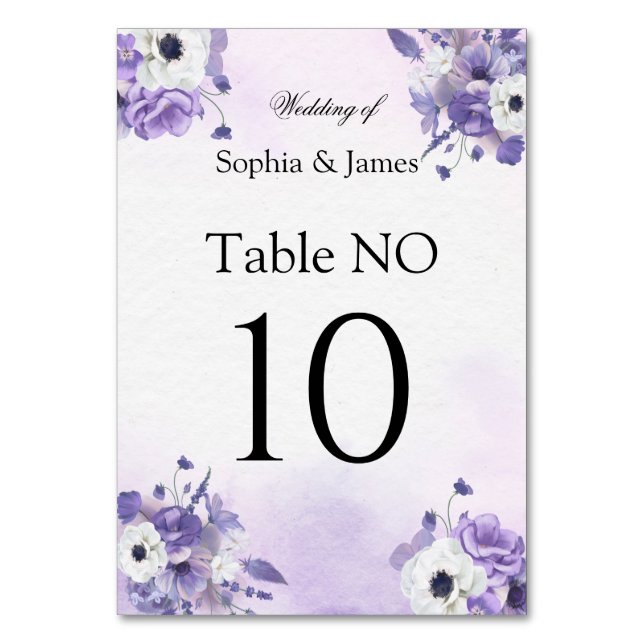 Elegant Purple Watercolor wedding Table Number (Front)