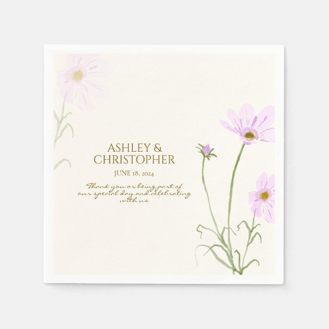 Elegant Purple Watercolor Wildflower Wedding Napkin (Front)
