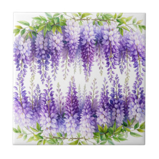 Elegant purple watercolor wisteria blue floral tile