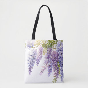 Elegant purple watercolor wisteria blue floral tote bag