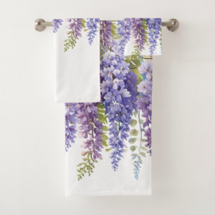Elegant purple watercolor wisteria floral  bath towel set