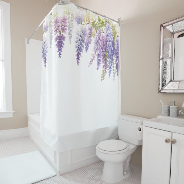 Elegant purple watercolor wisteria floral  shower curtain (In Situ)
