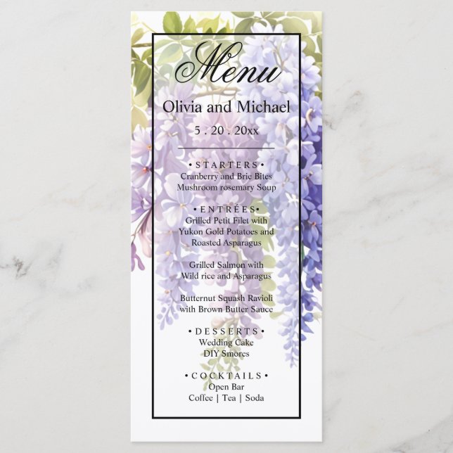 Elegant purple watercolor wisteria floral wedding menu (Front)