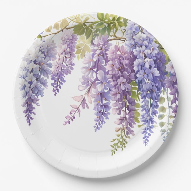 Elegant purple watercolor wisteria purple floral  paper plate (Front)