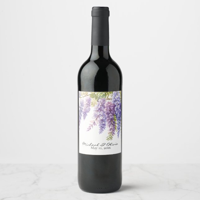 Elegant purple watercolor wisteria purple floral  wine label (Front)