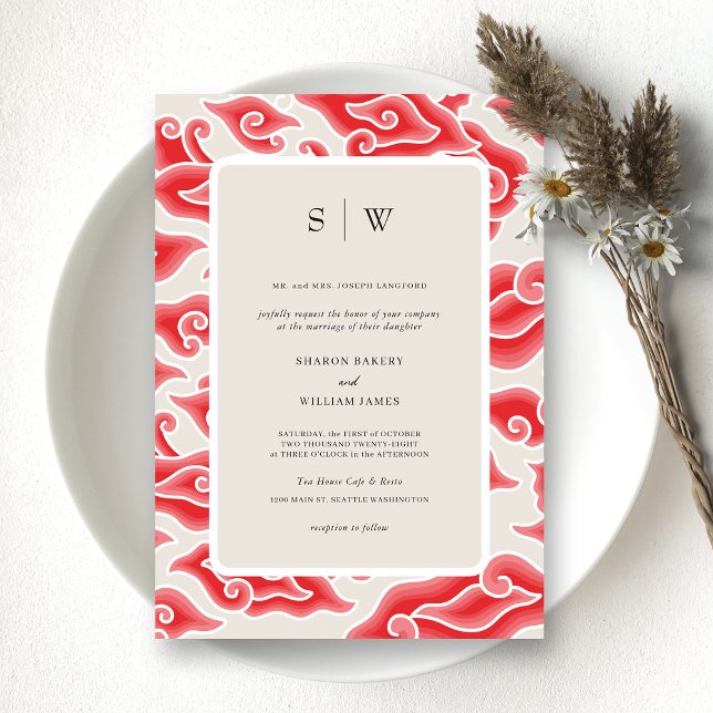 Elegant Purple Waves Monogram Wedding Invitation (Embrace Timeless Beauty with a Vintage Red Wedding Invitation)