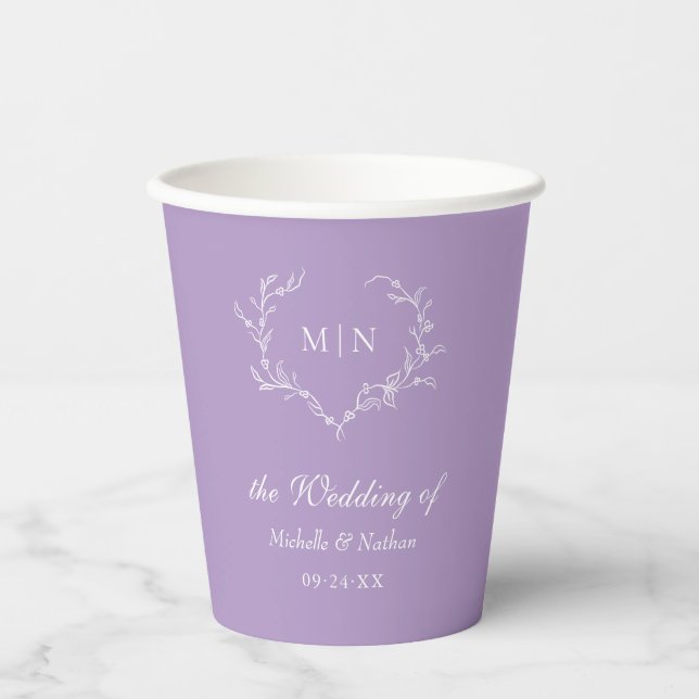 Elegant Purple Wedding Monogram Wreath Paper Cups (Front)