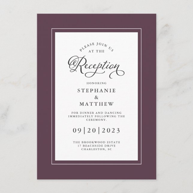 Elegant Purple Wedding Reception Chic Borders Enclosure Card (Front)