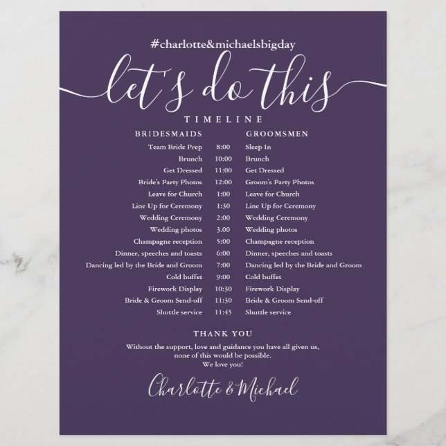 Elegant Purple Wedding Schedule Timeline (Front)