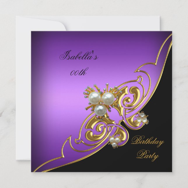 Elegant Purple White Black Gold Pearl Birthday Invitation (Front)