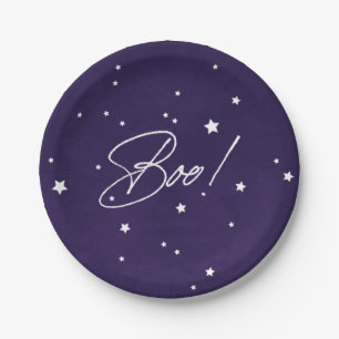 Elegant Purple/White Boo! Halloween Party Paper Plate