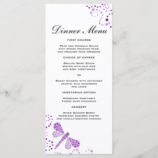 Elegant Purple & White Dragonfly Slim Dinner Menu (Front)