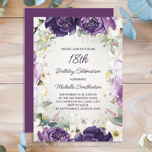 Elegant Purple White Floral Glitter 18th Birthday Invitation