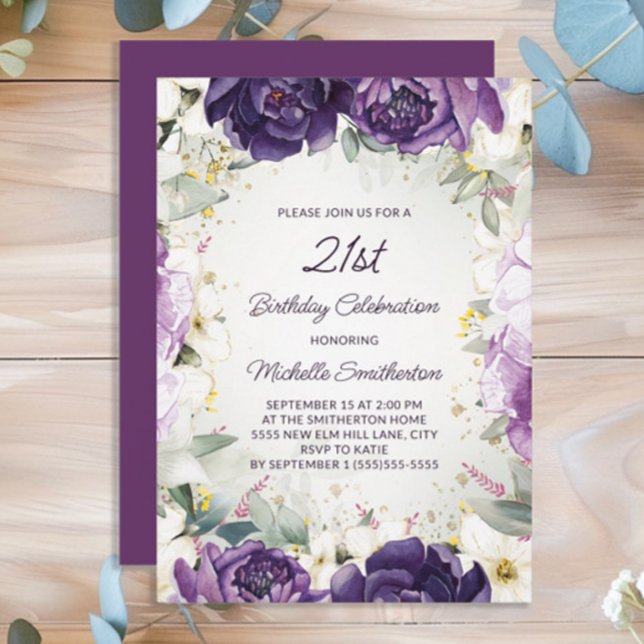 Elegant Purple White Floral Glitter 21st Birthday Invitation (Purple floral women's 21st birthday party invitation)