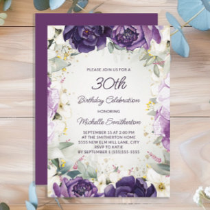 Elegant Purple White Floral Glitter 30th Birthday Invitation