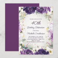 Elegant Purple White Floral Glitter 40th Birthday