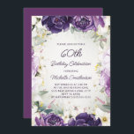 Elegant Purple White Floral Glitter 60th Birthday Invitation<br><div class="desc">Elegant 60th birthday party invitation for women with pretty white and purple hand-painted flowers and sage green leaves accented with gold glitter. Personalised with a name and all of your party information. Contact me for assistance with your customisations or to request additional matching Zazzle products for your party.</div>