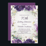 Elegant Purple White Floral Glitter 70th Birthday Invitation<br><div class="desc">Elegant 70th birthday party invitation for women with pretty white and purple hand-painted flowers and sage green leaves accented with gold glitter. Personalised with a name and all of your party information. Contact me for assistance with your customisations or to request additional matching Zazzle products for your party.</div>