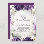 Elegant Purple White Floral Glitter 90th Birthday Invitation<br><div class="desc">Elegant 90th birthday party invitation for women with pretty white and purple hand-painted flowers and sage green leaves accented with gold glitter. Personalised with a name and all of your party information. Contact me for assistance with your customisations or to request additional matching Zazzle products for your party.</div>