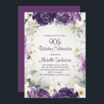 Elegant Purple White Floral Glitter 90th Birthday Invitation<br><div class="desc">Elegant 90th birthday party invitation for women with pretty white and purple hand-painted flowers and sage green leaves accented with gold glitter. Personalised with a name and all of your party information. Contact me for assistance with your customisations or to request additional matching Zazzle products for your party.</div>