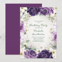 Elegant Purple White Floral Glitter Birthday