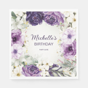 Elegant Purple White Floral Glitter Birthday Name Napkin