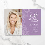 Elegant Purple White Floral Photo 60th Birthday Invitation<br><div class="desc">Light purple lavender white floral 60th birthday party invitation with your photo on the front of the card. Minimalist modern design featuring botanical outline drawings accents, faux gold foil and typography script font. Simple trendy invite card perfect for a stylish female bday celebration. Can be customised to any age. Printed...</div>