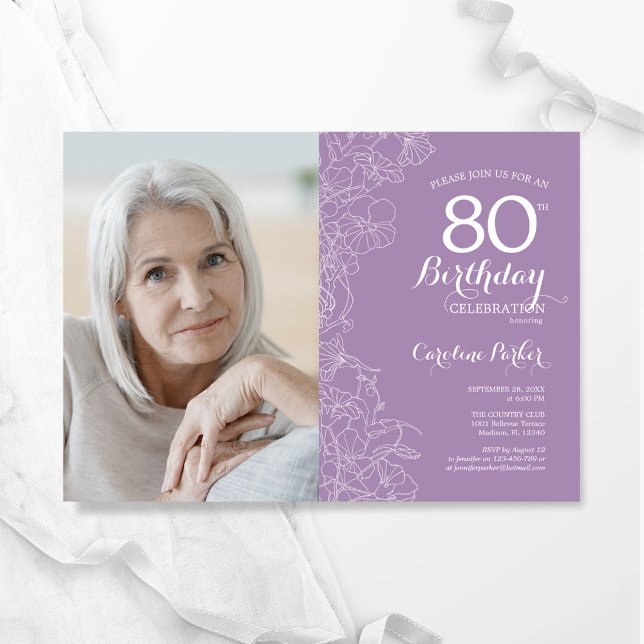 Elegant Purple White Floral Photo 80th Birthday Invitation (Creator Uploaded)