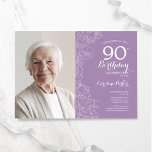 Elegant Purple White Floral Photo 90th Birthday Invitation<br><div class="desc">Lavender light purple white floral 90th birthday party invitation with your photo on the front of the card. Elegant modern design featuring botanical outline drawings accents, faux gold foil and typography script font. Simple trendy invite card perfect for a stylish female bday celebration. Can be customised to any age. Printed...</div>