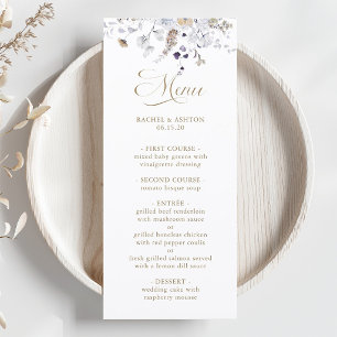 Elegant Purple White Gold Floral Wedding Menu