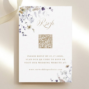 Elegant Purple White Gold Floral Wedding QR Code RSVP Card