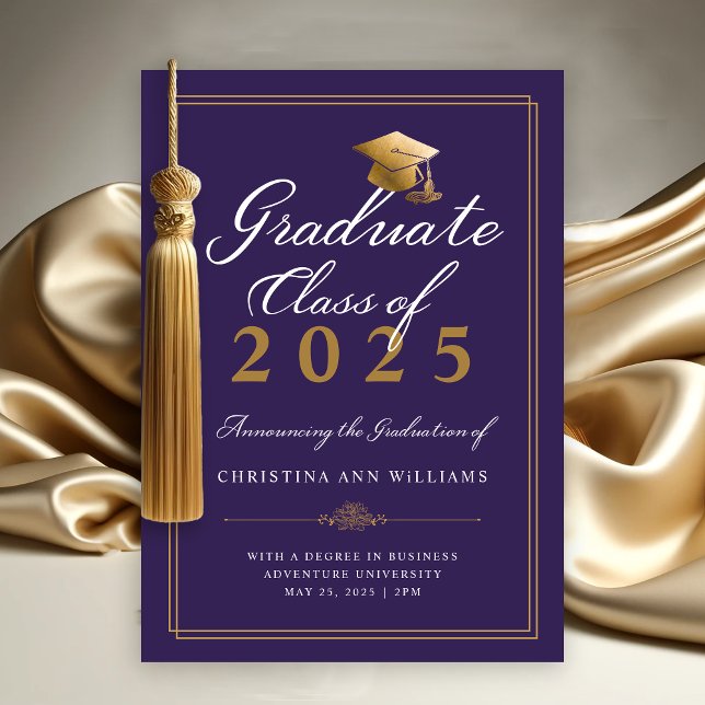 Elegant Purple White Gold Script College Graduate Announcement (Elegant Purple Gold Script College Class of 2025 Graduation Announcement)