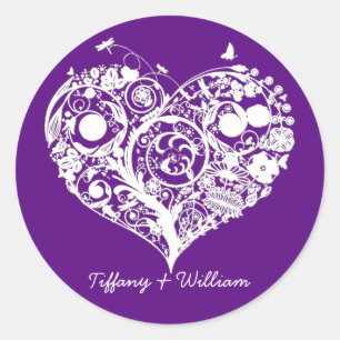 Elegant Purple & White Heart Wedding Sticker