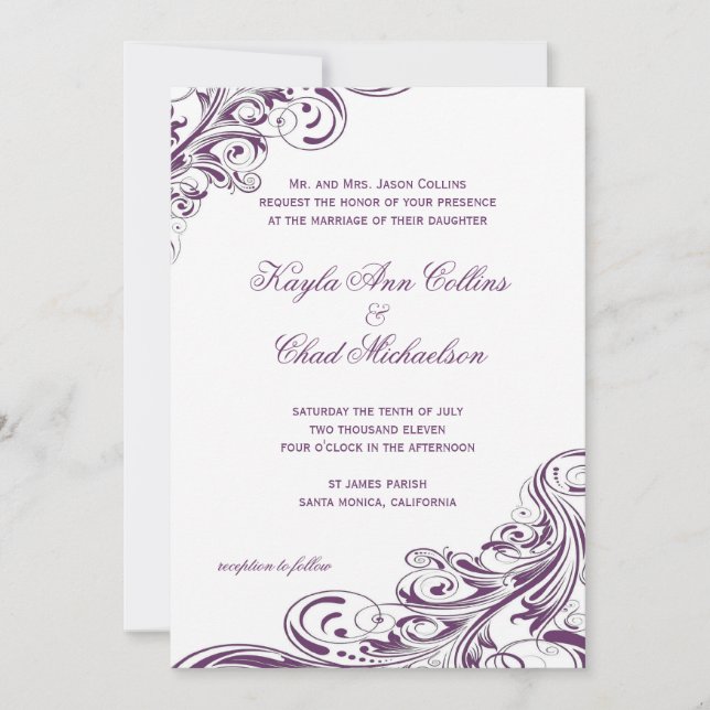 Elegant Purple White Ornate Flourish Wedding Invitation (Front)
