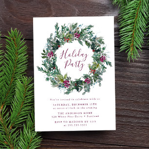 Elegant Purple Winter Berries Wreath Holiday Party Invitation