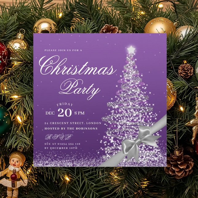 Elegant Purple Winter Christmas Tree Bow  Invitation (Elegant Purple Winter Christmas Tree Bow Invitation)