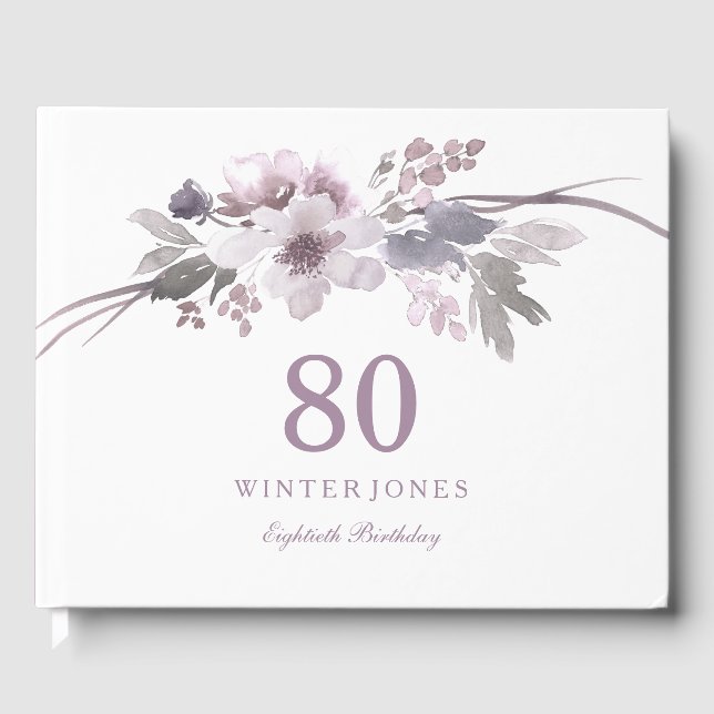 Elegant Purple Winter Floral 80th birthday Party Guest Book (Front)