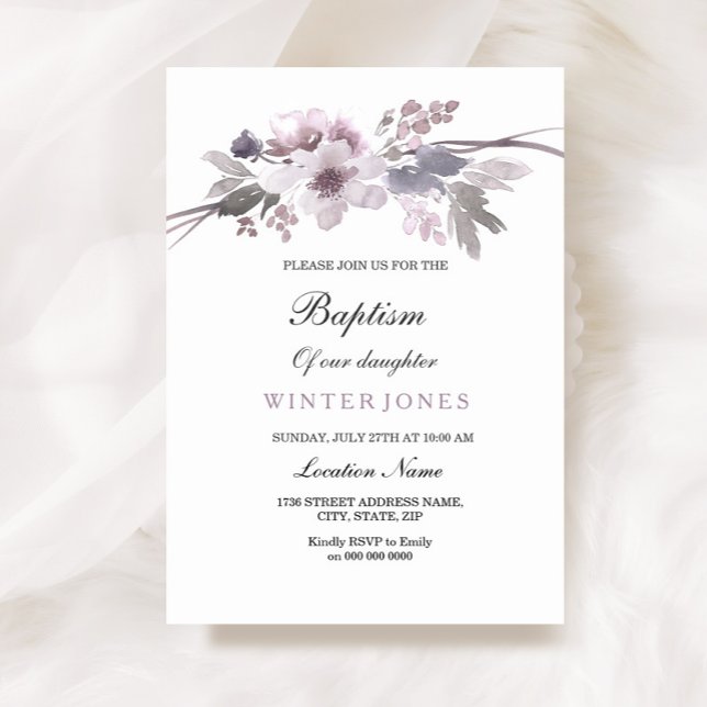 Elegant Purple Winter Floral Baptism Invitation (Creator Uploaded)