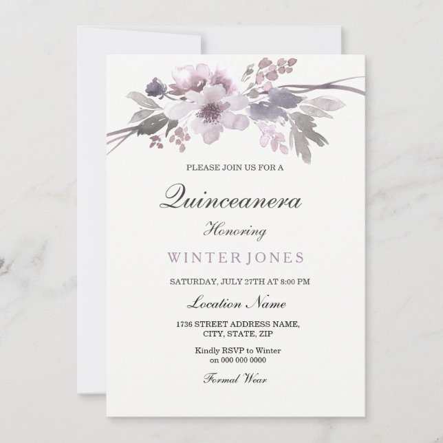 Elegant Purple Winter Floral Quinceanera Invite (Front)