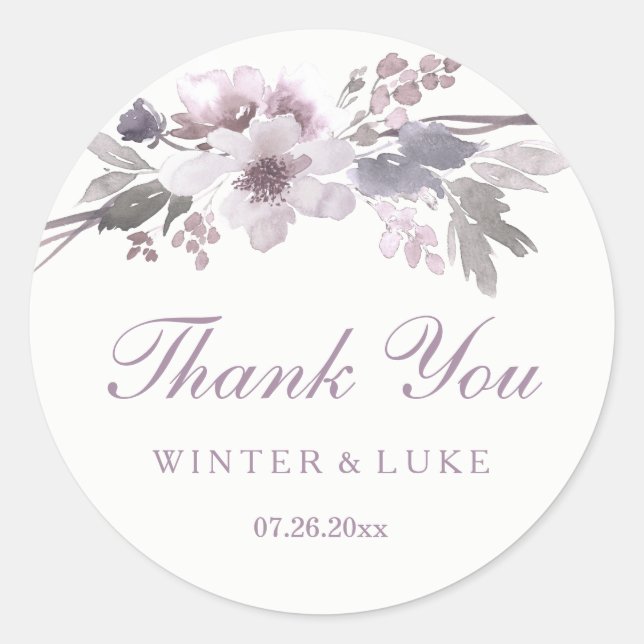 Elegant Purple Winter Floral Wedding Thank You Classic Round Sticker (Front)