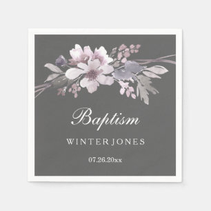 Elegant Purple Winter Grey Floral Baptism Napkin