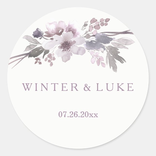 Elegant Purple Winter Grey Wedding Favour Sticker (Front)